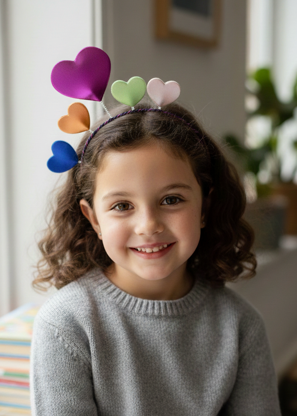 Child wearing a headband with colorful heart shapes indoors.